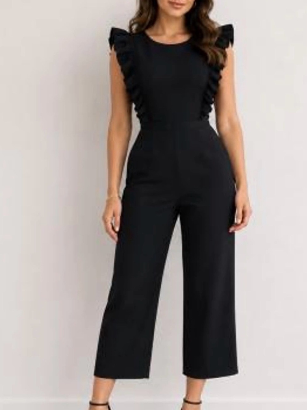 Gianni Bini Black Ruffle-Shoulder Wide-Leg Jumpsuit